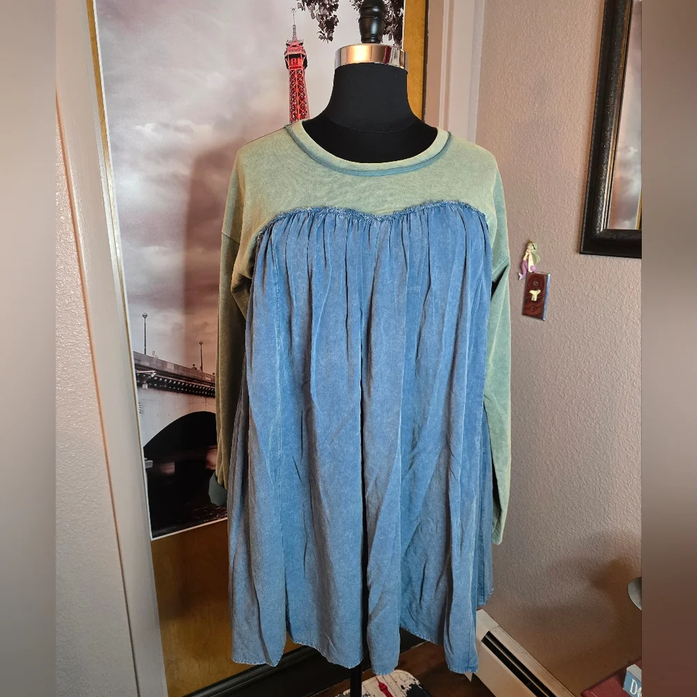 1XL NWT HEYSON Chambray/Grn Mineral Wash Dress 25.5ptp 36.5Long 2 Pockets SOFT! - Picture 13 of 16